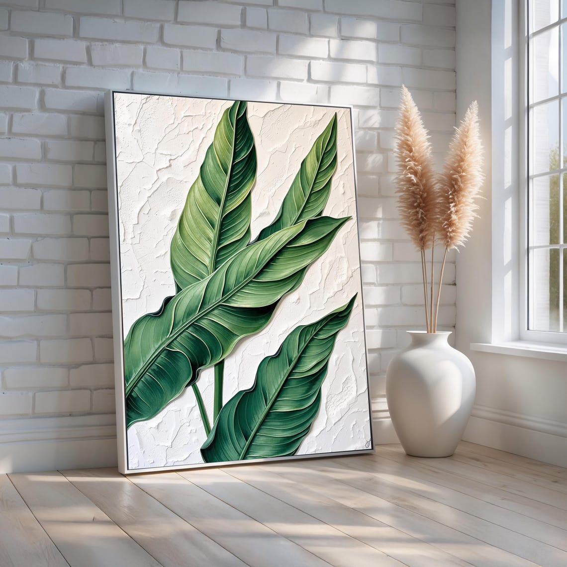 Banana Leaf Wall Art Tropical Botanical Canvas With Minimalist White Texture Background Modern Plant Decor For Home Ready To Hang