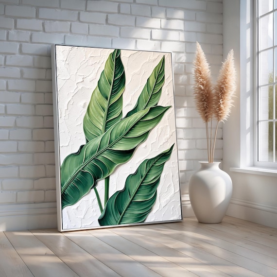 Tropical Banana Leaves Botanical Textured White Canvas Print