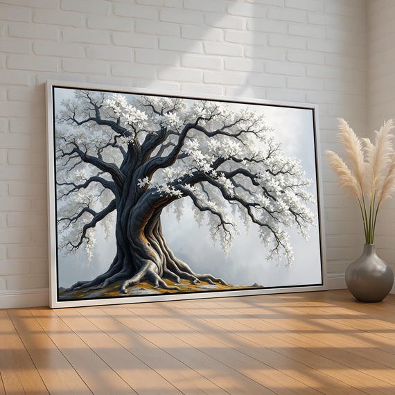 White Blossom Tree Wall Art Mystical Nature Canvas Print Elegant Minimalist Poster For Bedroom Or Meditation Room Ready To Hang