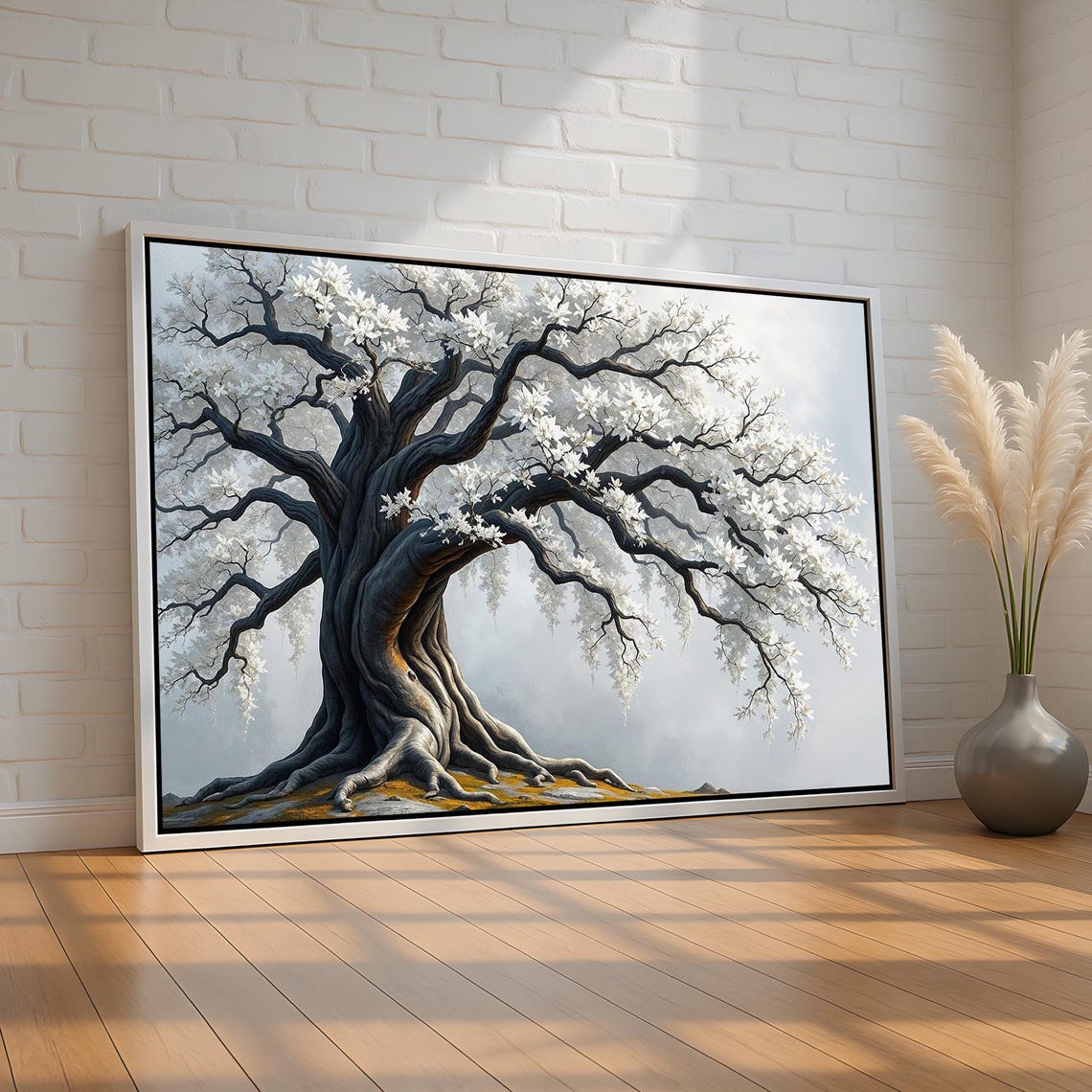 White Blossom Flowering Tree Mystical Dark Trunk Nature Art Poster