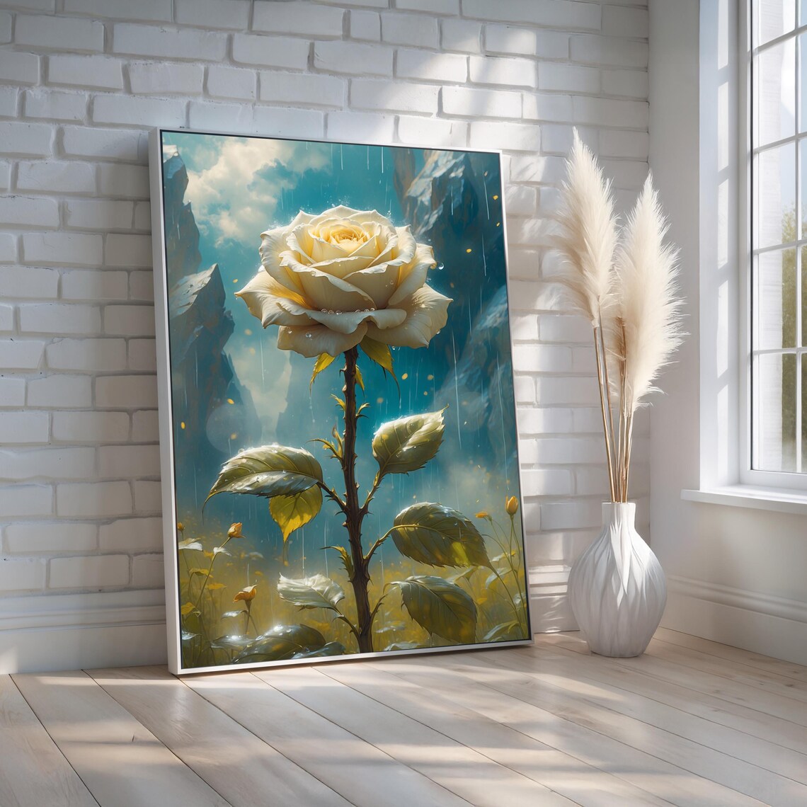 Golden Rose In Rain Elegant Floral Botanical Canvas Poster Art