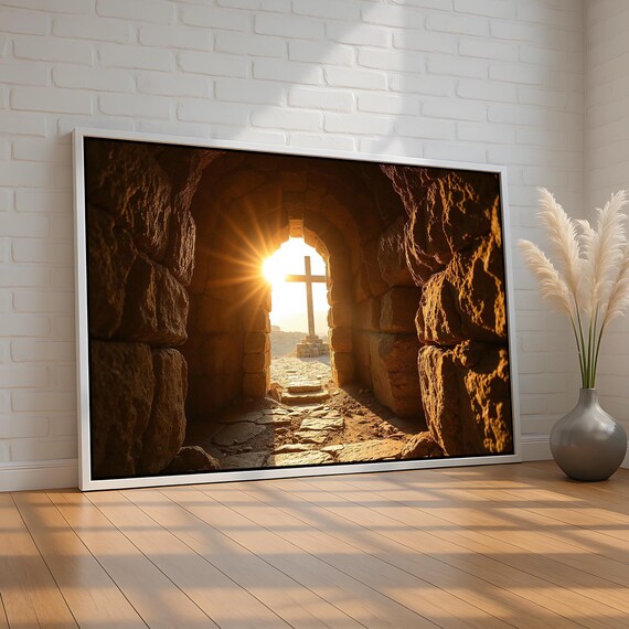 Empty Tomb Stone Archway Cross Silhouette Sunrise Easter Poster