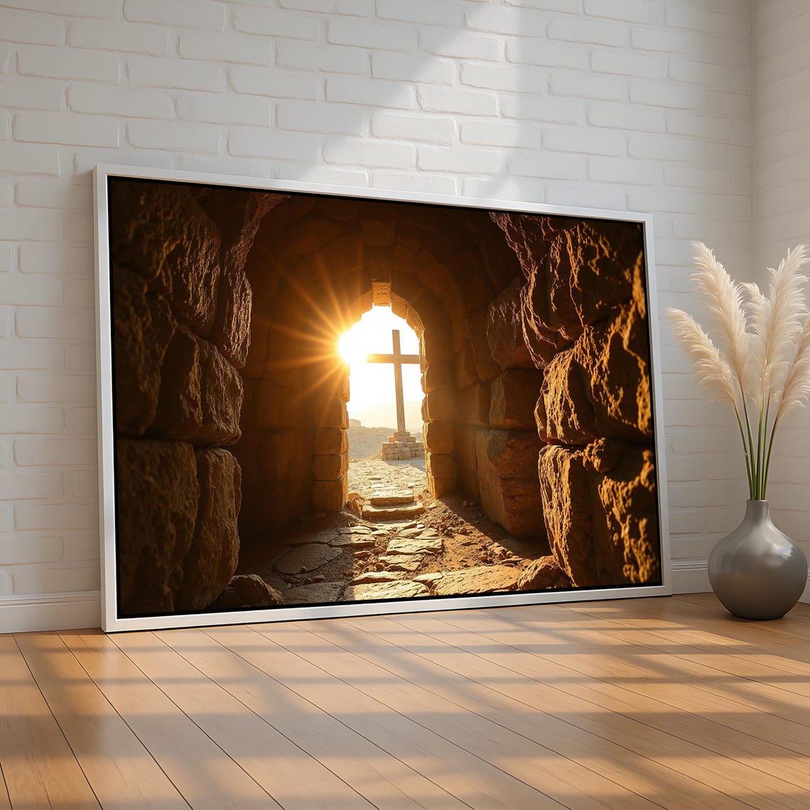 Empty Tomb Stone Archway Cross Silhouette Sunrise Easter Poster