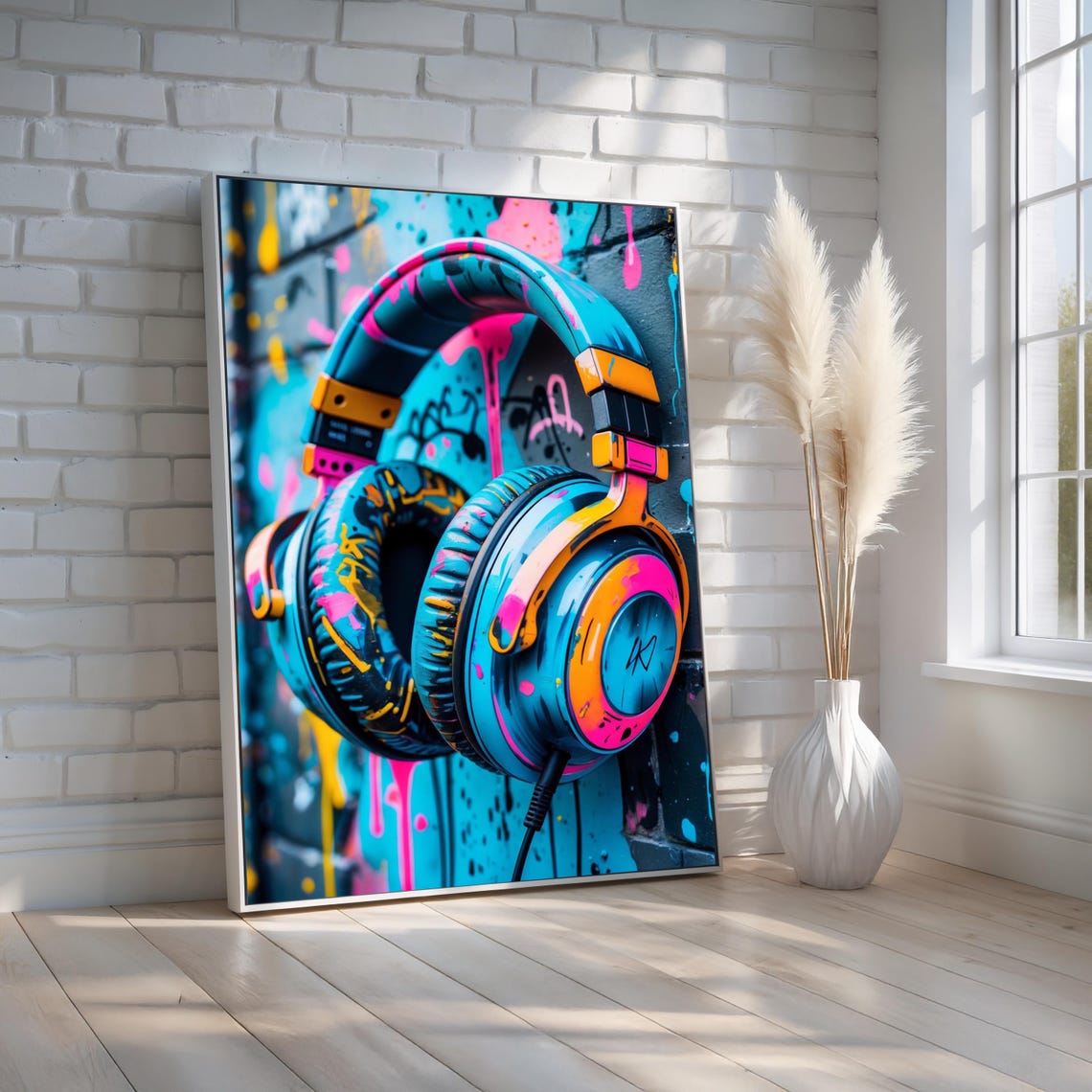 Graffiti Headphones Neon Street Art Colorful Music Canvas Poster