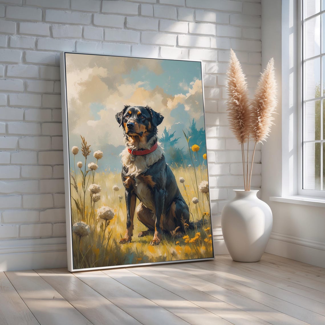 Black Tan Dog Red Collar Wildflower Meadow Painting Wall Art