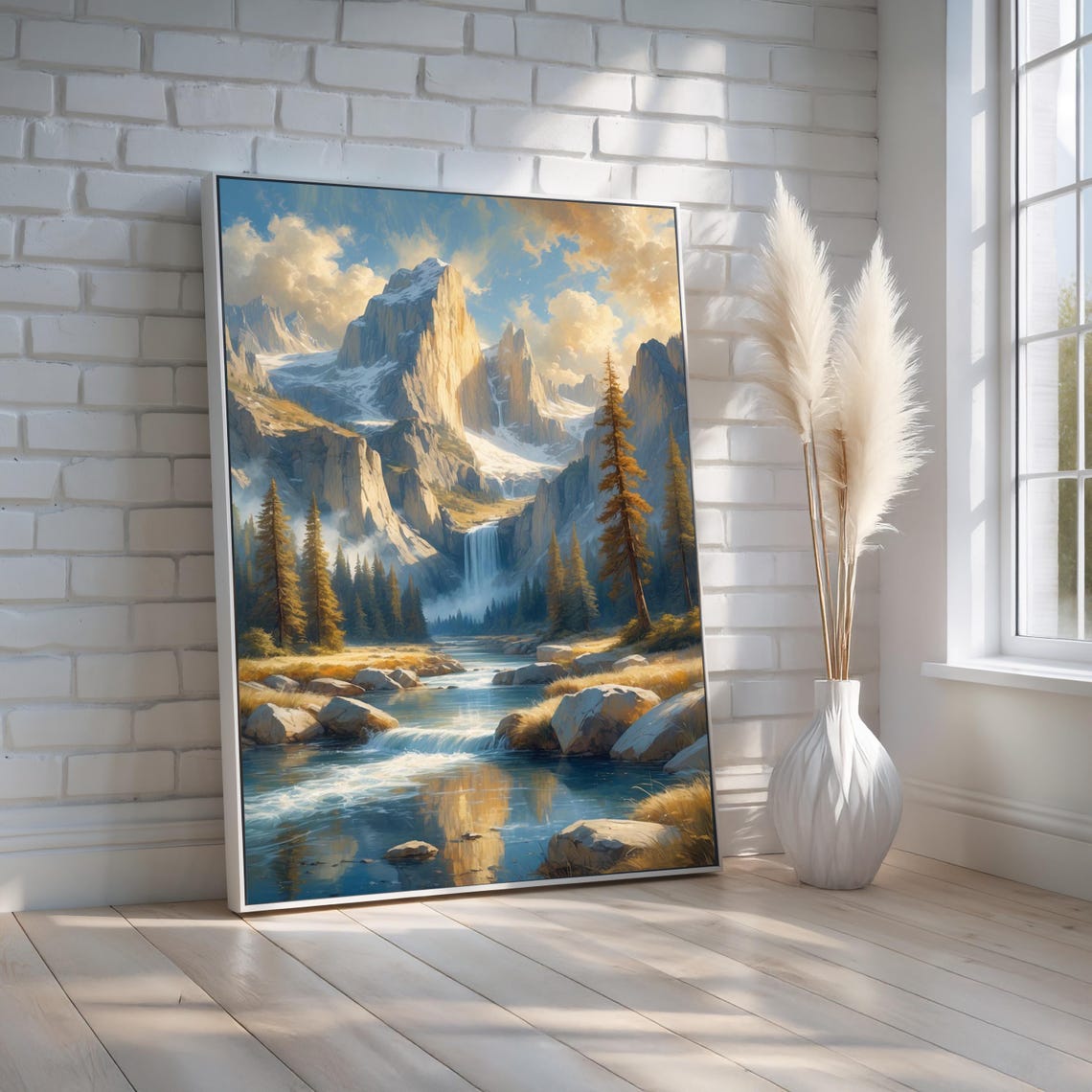 Mountain Waterfall River Valley Golden Peaks Landscape Poster