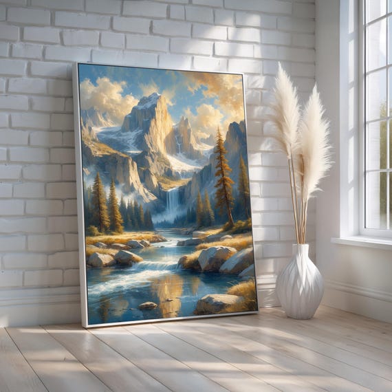 Mountain Waterfall Landscape Wall Art Scenic Nature Painting For Cabin Lodge Living Room Decor Canvas Poster Ready To Hang