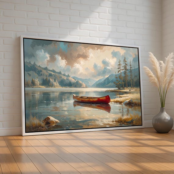 Red Canoe Mountain Lake Wall Art Rustic Lodge Canvas Or Poster Nature Landscape Cabin Decor Outdoor Adventure Gift Ready To Hang