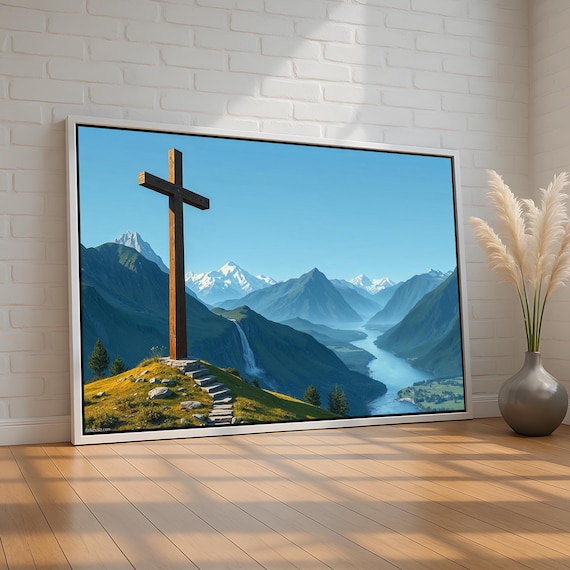 Mountain Cross Wall Art Christian Landscape Canvas Print Scenic River Valley Faith Decor Inspirational Bible Verse Poster Ready To Hang