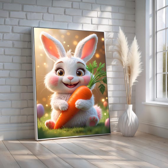 Cute Easter Bunny With Carrot Whimsical Baby Animal Art For Nursery Adorable Spring Rabbit Poster Kids Room Decor Ready To Hang