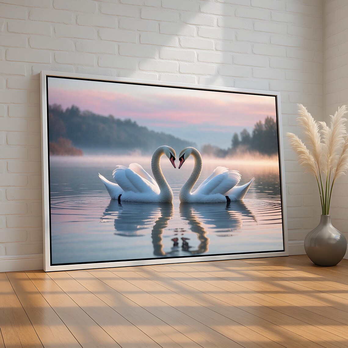 Romantic Swan Couple Art Print, Heart Reflection
