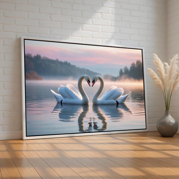 Romantic Swan Couple Art Print, Heart Reflection