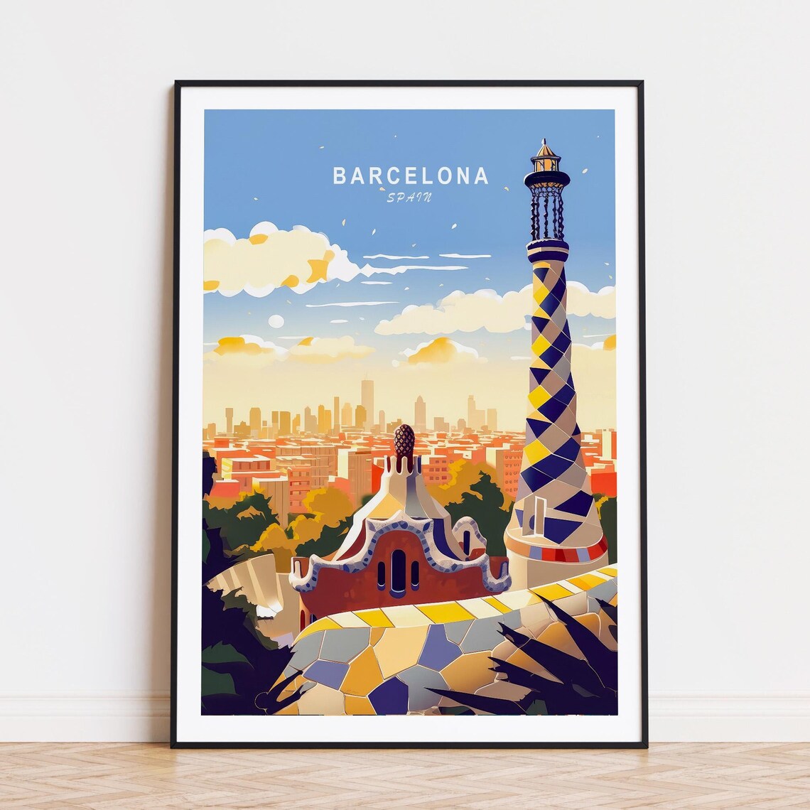 Barcelona Spain Park Guell Mosaic Tower Skyline Travel Poster