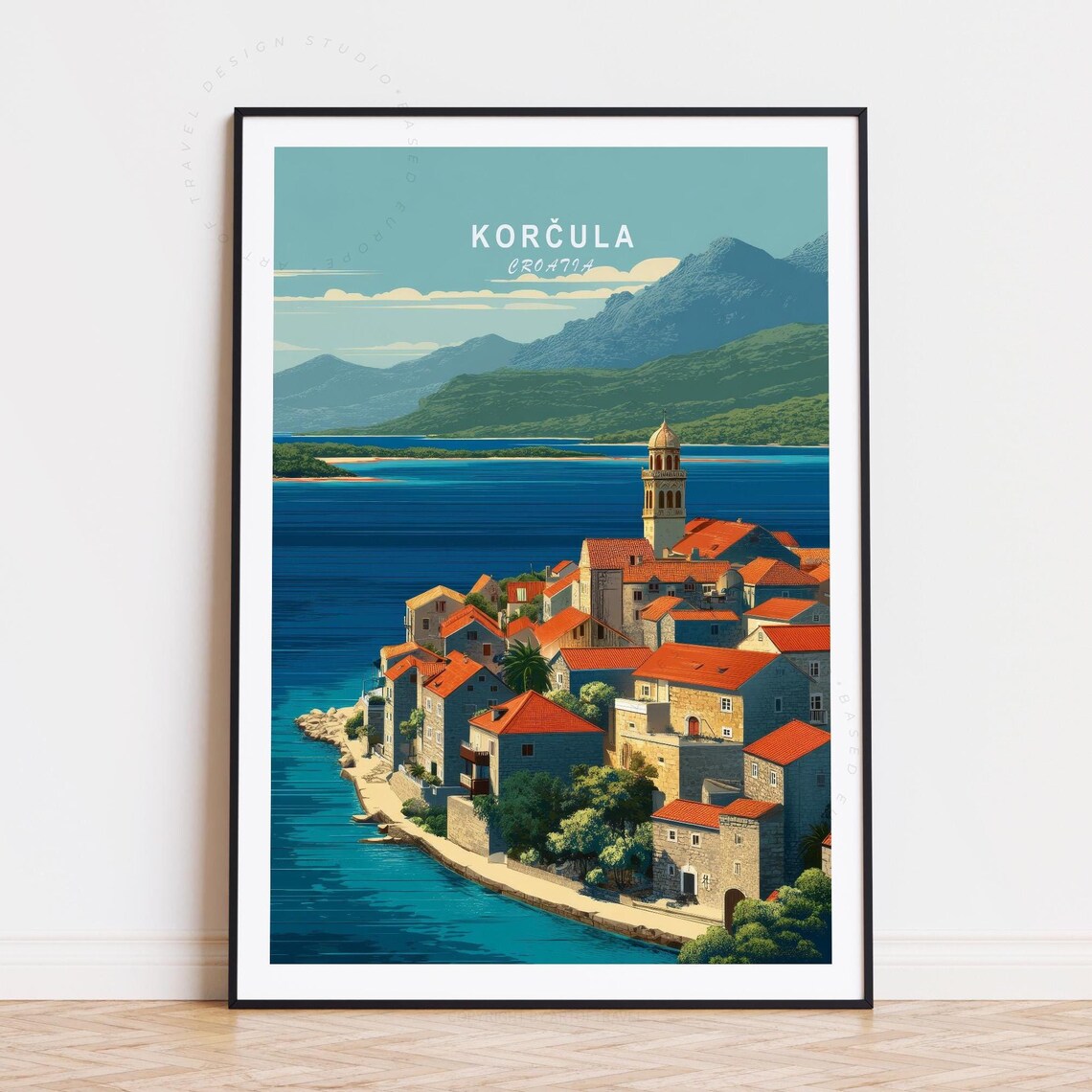Korcula Croatia Old Town Red Roofs Church Tower Seaside Travel Poster