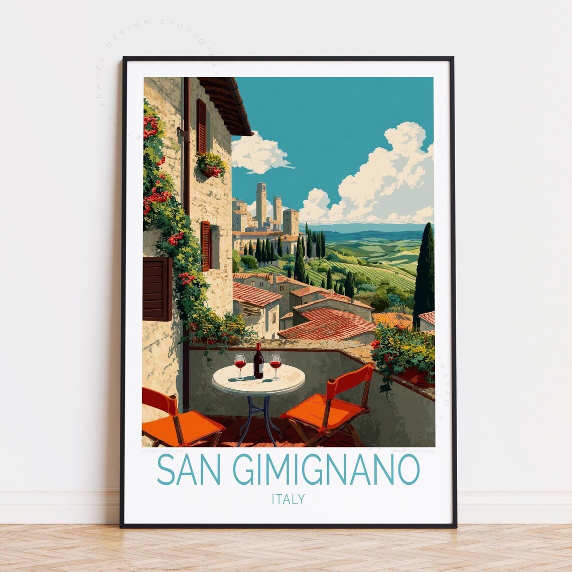 San Gimignano Italy Terrace Wine Glasses View Vintage Travel Poster