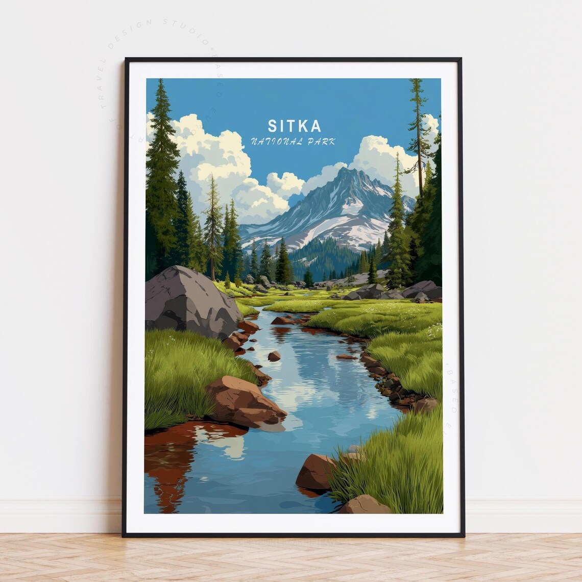 Sitka National Park Alaska Mountain Stream Meadow Vintage Poster