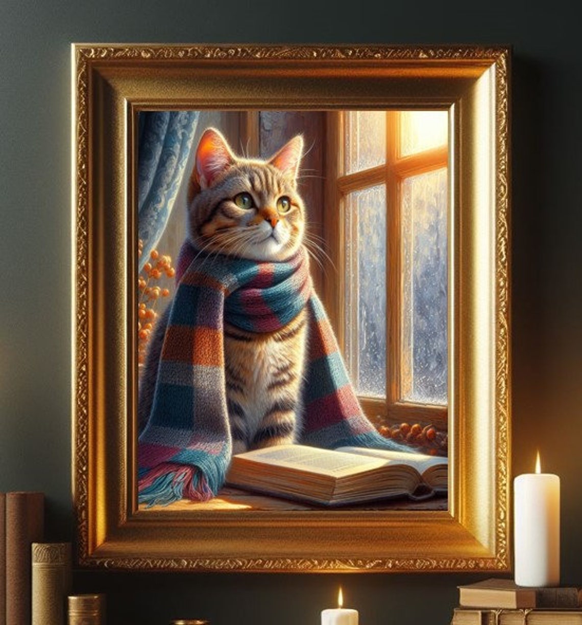 Tabby Cat in Scarf by Window Cozy Bookish Cat Lover Art Poster