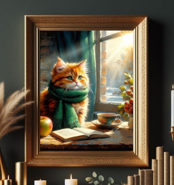 Cozy Orange Cat Reading by the Window with Book and Coffee Poster