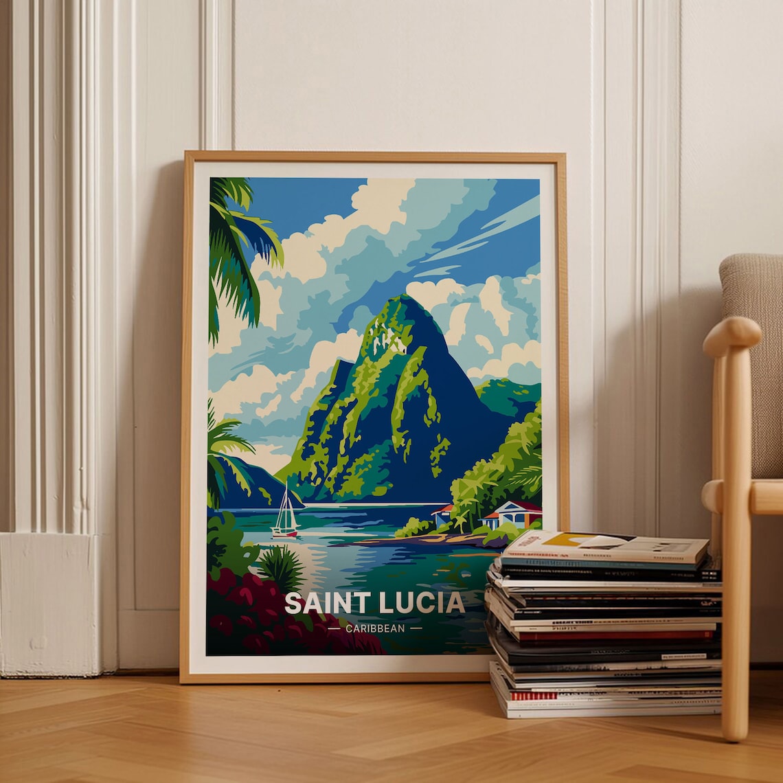 Saint Lucia Caribbean Vintage Travel Poster Twin Peaks Sailboat Art