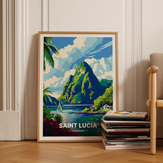 Saint Lucia Caribbean Vintage Travel Poster Twin Peaks Sailboat Art