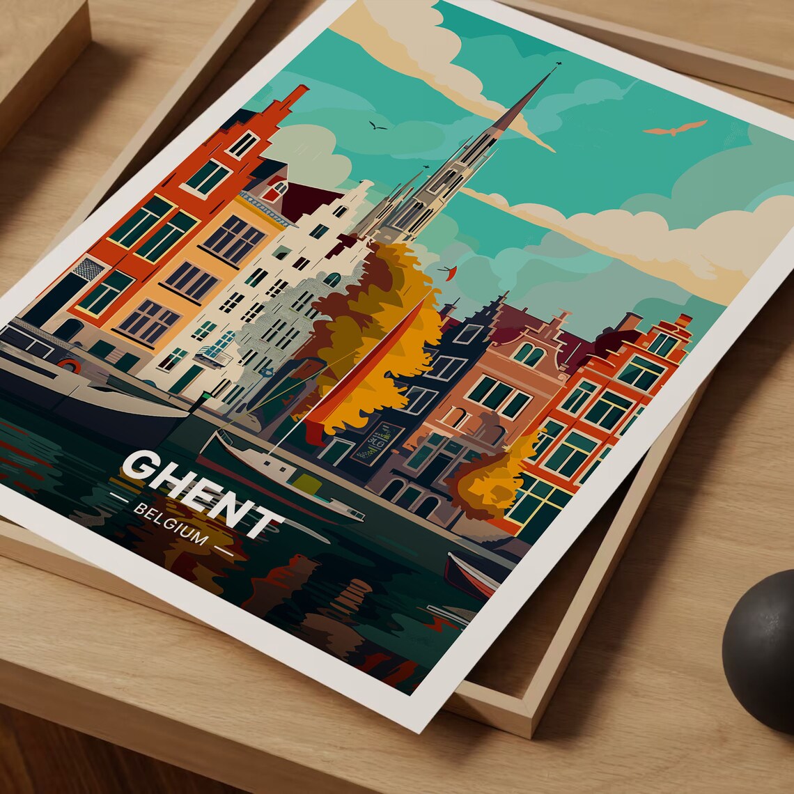 Ghent Belgium Canal Colorful Row Houses Gothic Church Spire Travel Poster - Image 3