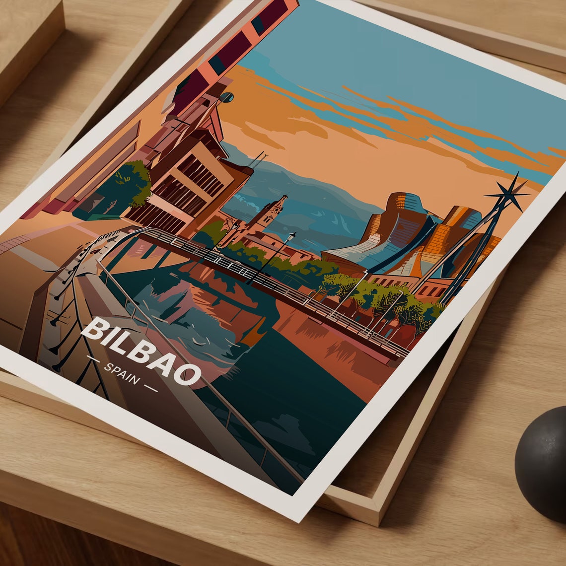 Bilbao Spain Riverside Titanium Museum Golden Sunset Travel Poster - Image 3