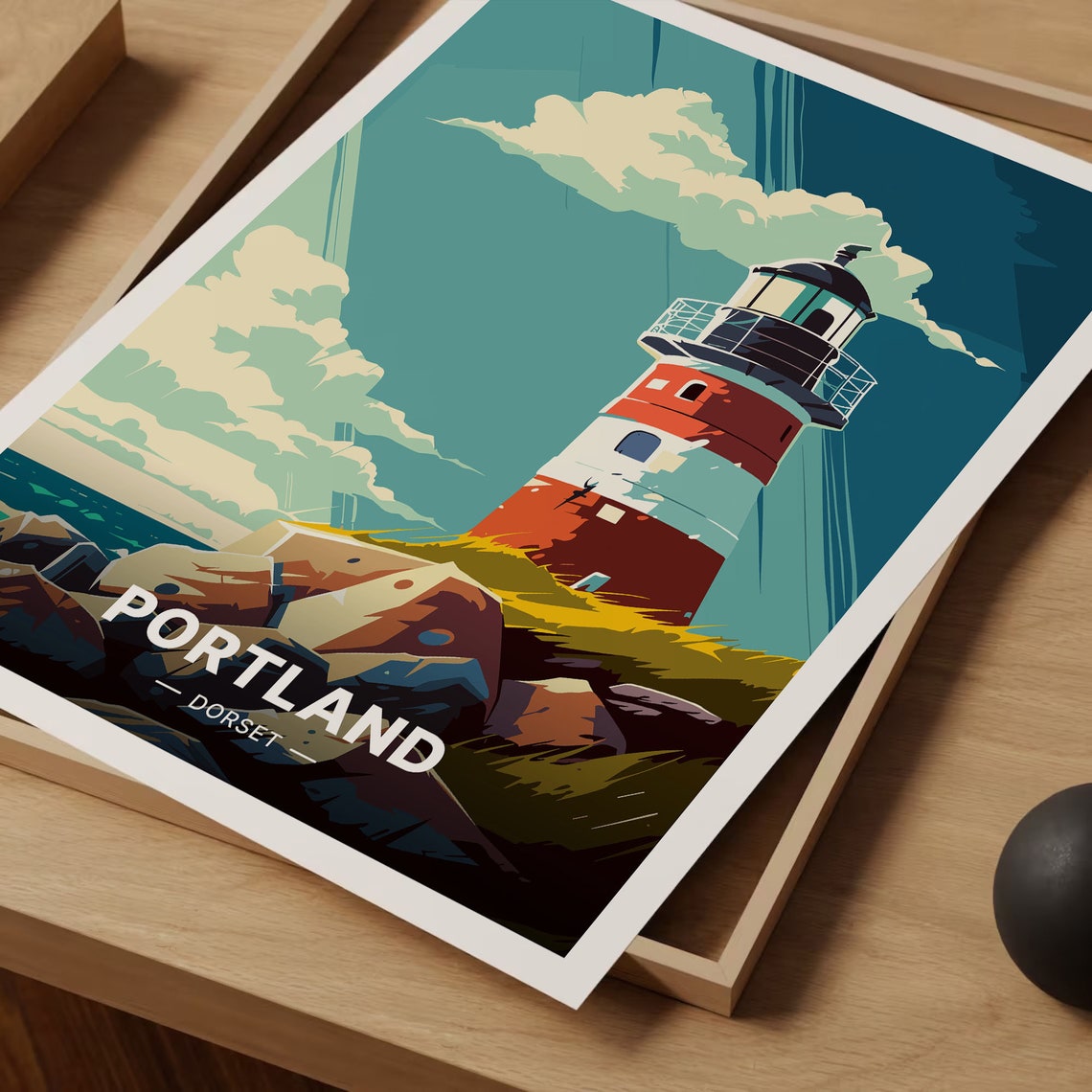 Portland Dorset Red White Lighthouse Rocky Headland Coast Poster - Image 3