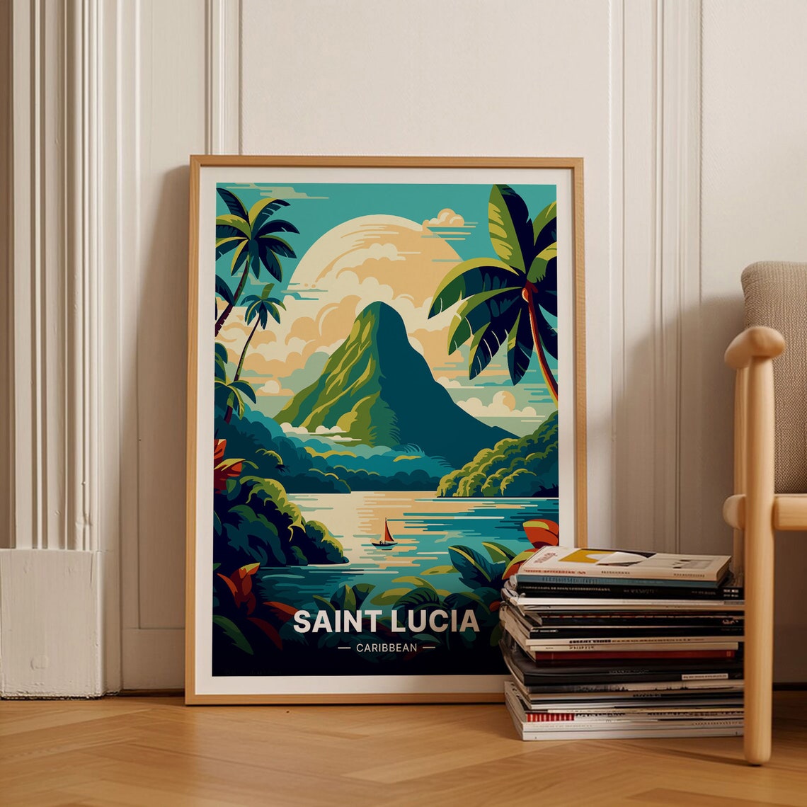 Saint Lucia Caribbean Piton Sailboat Palm Sunset Travel Poster