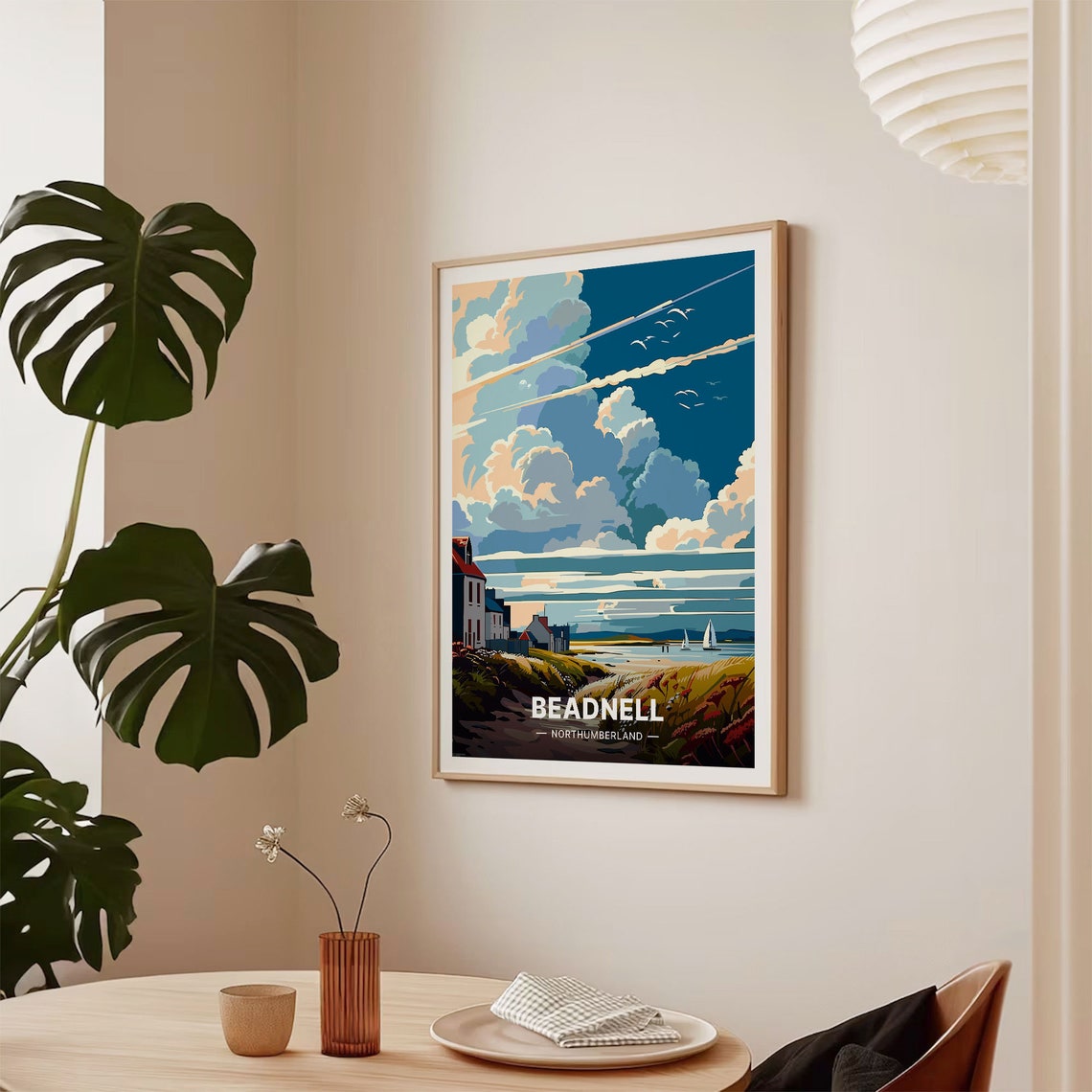 Beadnell Northumberland Sailboats Dramatic Sky Coastal Village Poster - Image 2