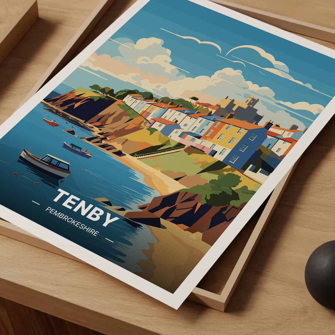 Tenby Pembrokeshire Wales Harbour Boats Cliff Town Houses Poster - Image 3
