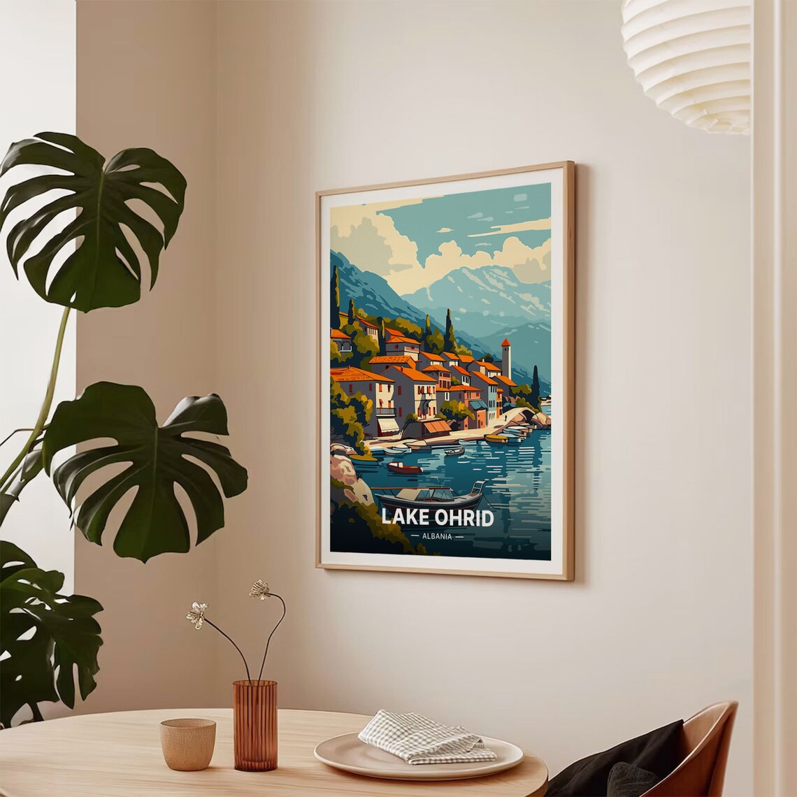 Lake Ohrid Albania Lakeside Village Red Roofs Mountains Travel Poster - Image 2
