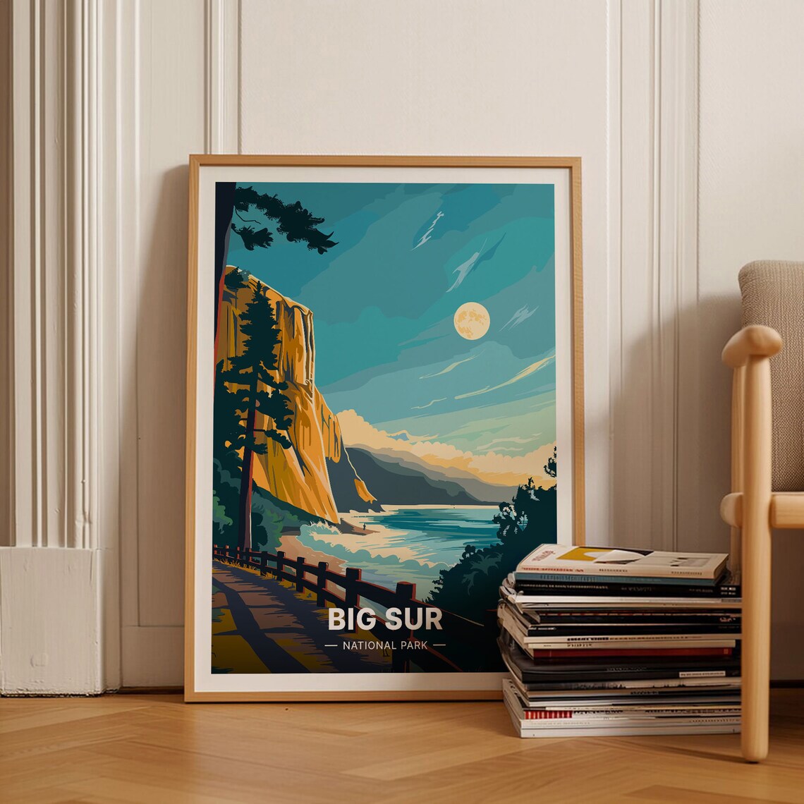 Big Sur California Vintage Travel Poster Golden Coastal Cliffs Art