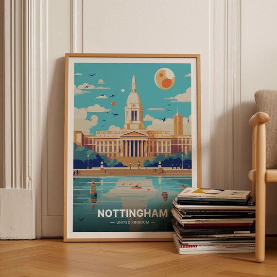 Nottingham UK Domed Council House Lake Rowboats Travel Poster