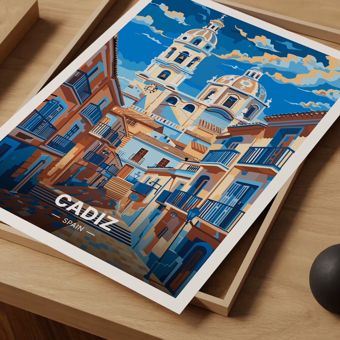 Cadiz Spain Travel Poster Cathedral Towers Old Town Blue Streets Art - Image 3
