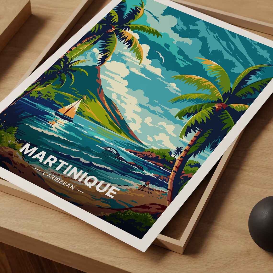 Martinique Caribbean Island Palm Trees Sailboat Vintage Travel Poster - Image 3