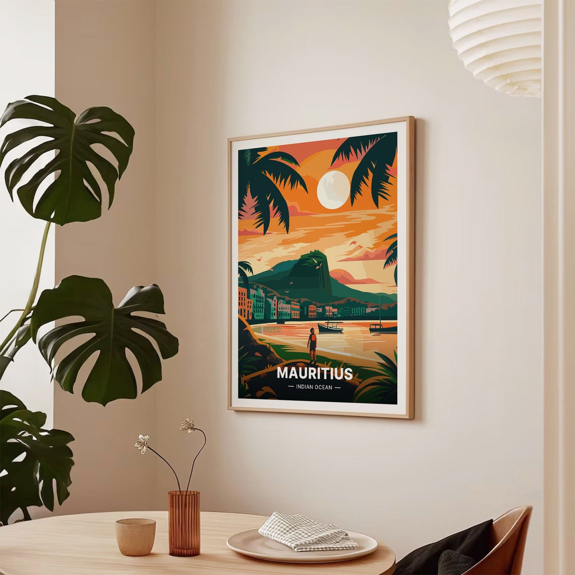 Mauritius Indian Ocean Vintage Travel Poster Sunset Beach Palm Art - Image 2