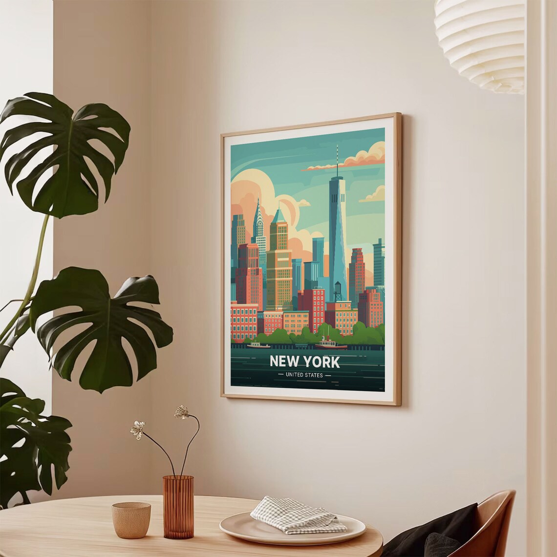 New York City Manhattan Skyline Harbor Sunset Retro Travel Poster - Image 2