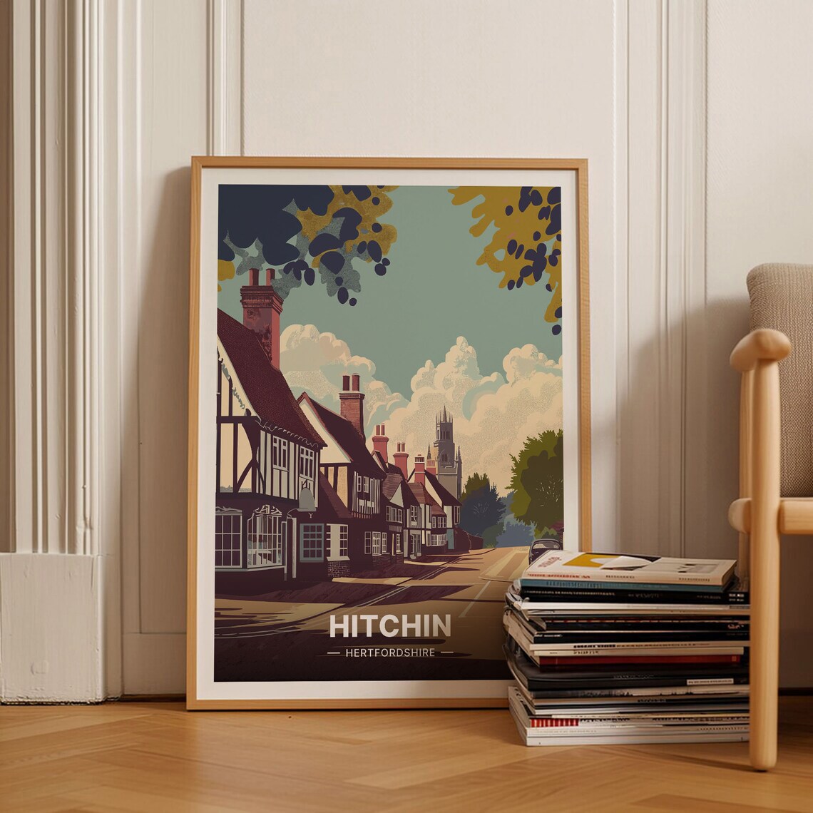 Hitchin Hertfordshire Tudor Street Church Spire Vintage Poster