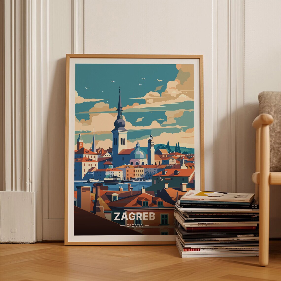 Zagreb Croatia Old Town Vintage Travel Poster Cathedral Spire Rooftops Art