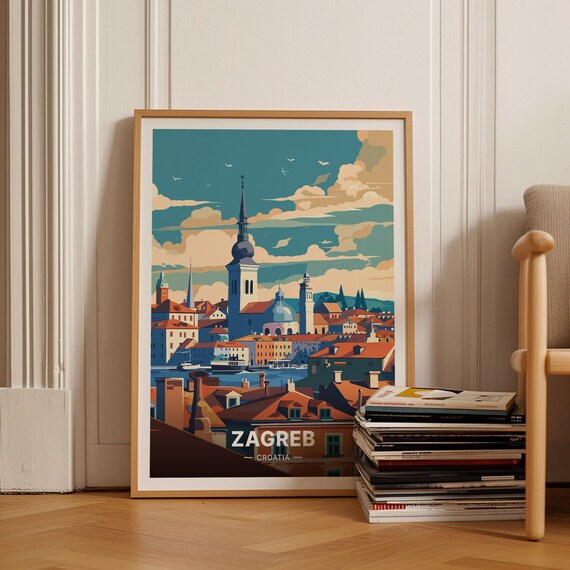 Zagreb Croatia Old Town Vintage Travel Poster Cathedral Spire Rooftops Art