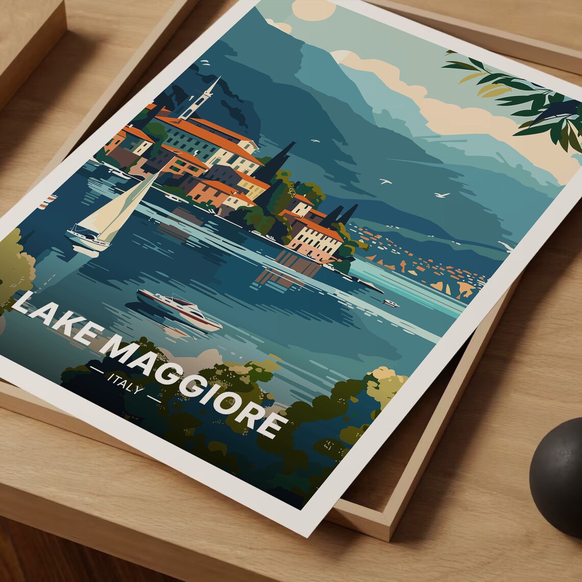 Lake Maggiore Italy Lakeside Town Sailboat Mountain Travel Poster - Image 3