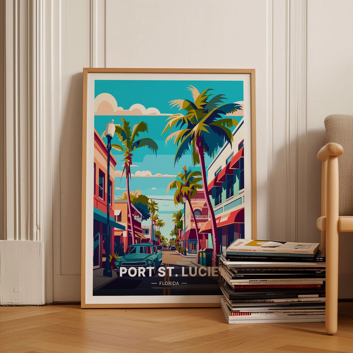 Port St Lucie Florida Palm Lined Main Street Vintage Car Poster