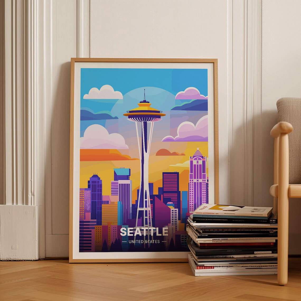 Seattle Skyline Travel Poster, Cityscape Wall Art