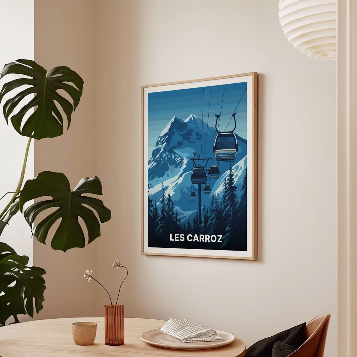 Les Carroz French Alps Gondola Night Snowy Peaks Retro Ski Poster - Image 2