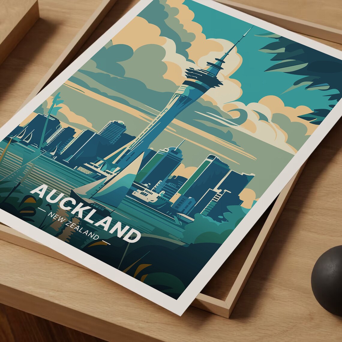 Auckland New Zealand Sky Tower Harbor Sailboats Travel Poster Art - Image 3