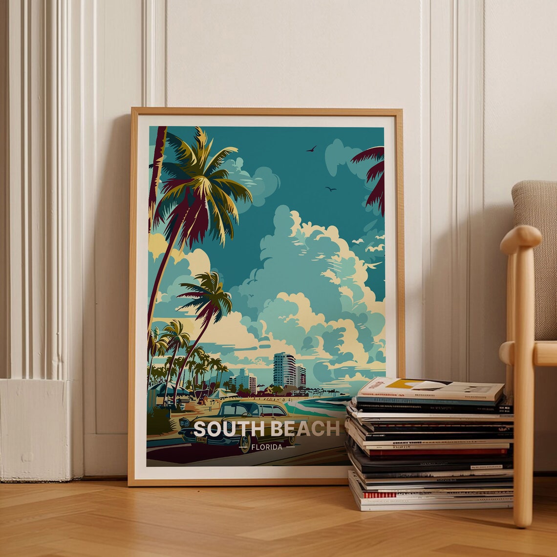 South Beach Florida Palms Vintage Car Miami Skyline Retro Poster