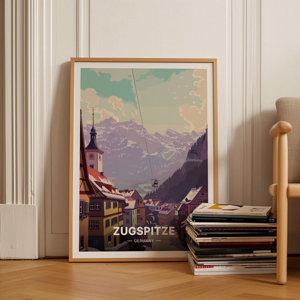 Zugspitze Germany Alpine Village Cable Car Snow Peaks Travel Poster