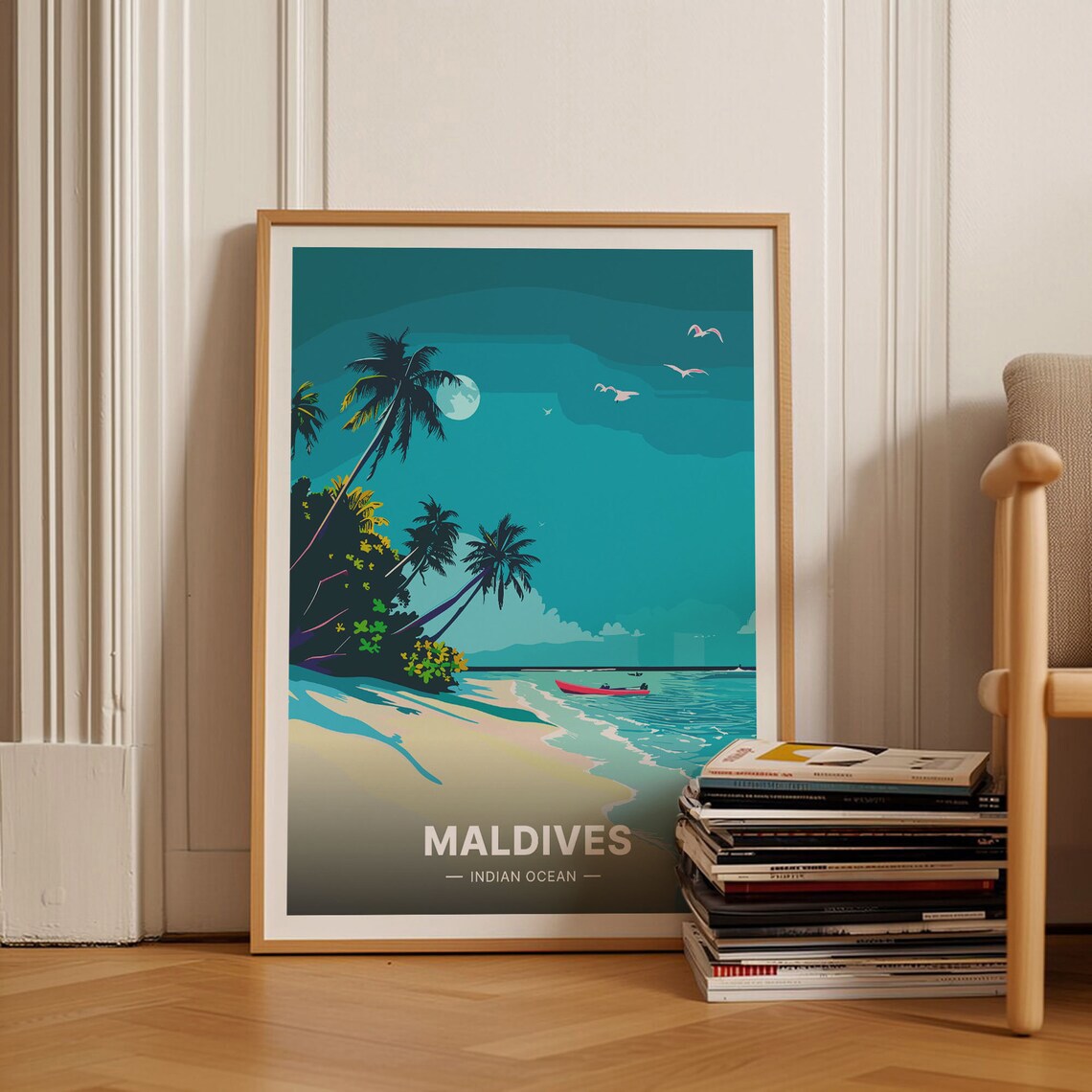 Maldives Indian Ocean Moonlit Beach Palm Trees Island Escape Poster