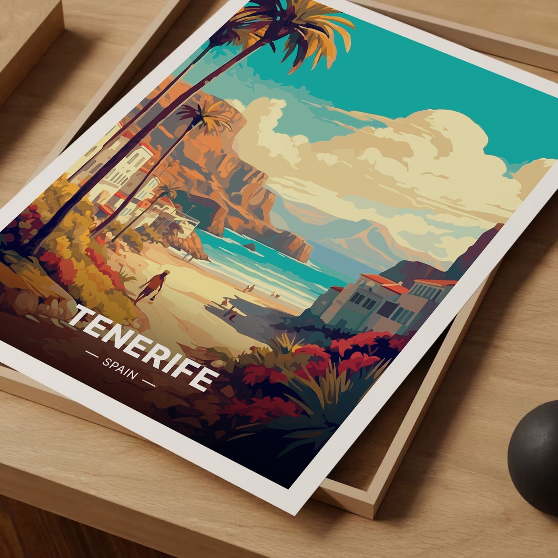 Tenerife Spain Beach Cliffs Palms Tropical Sunset Travel Poster - Image 3