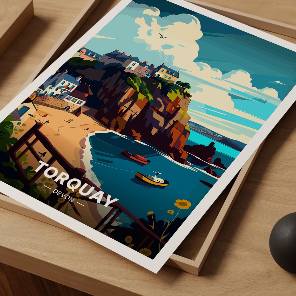 Torquay Devon Cliffside Town Sandy Beach Boats Sunny Bay Poster - Image 3